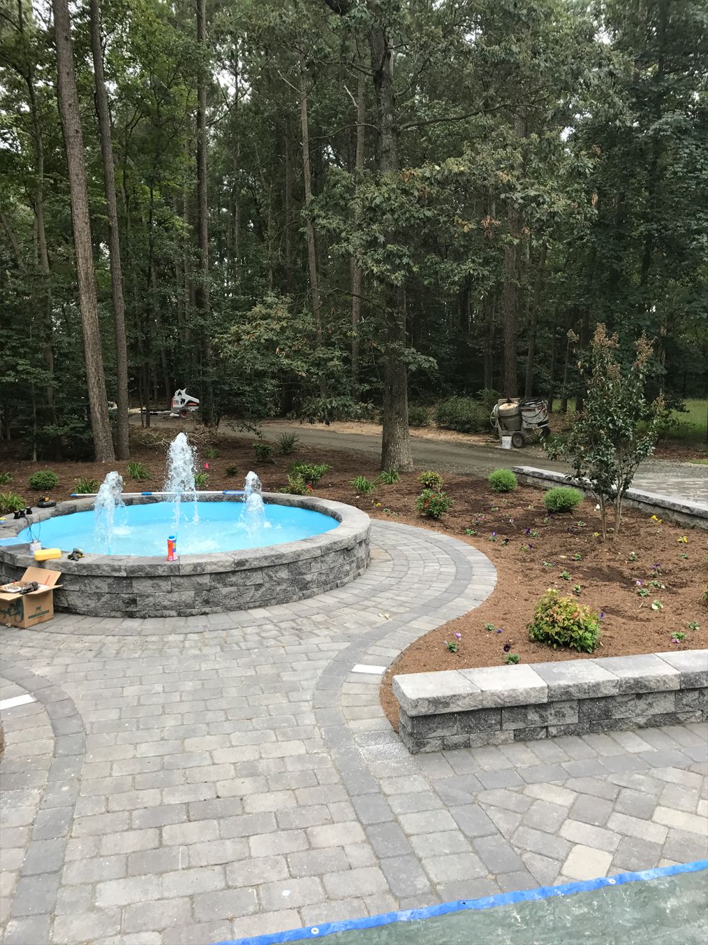 There is a fountain in the middle of the backyard surrounded by trees.