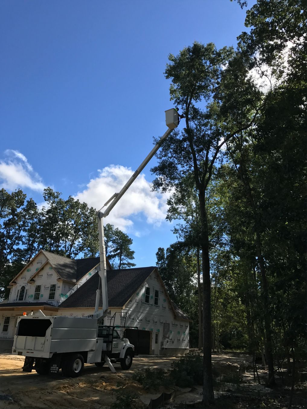 A tree cutting truck is parked in front of a house