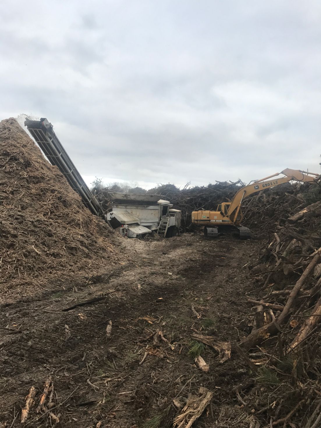 A large pile of wood chips with a bulldozer in the background.