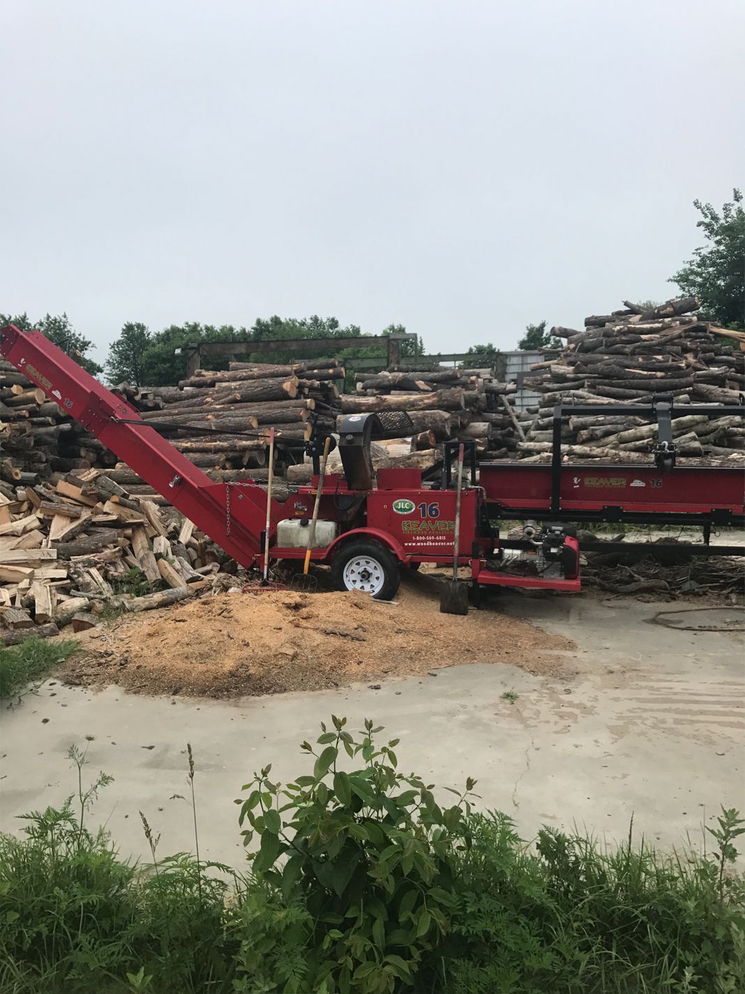 A large pile of logs is being loaded onto a truck.