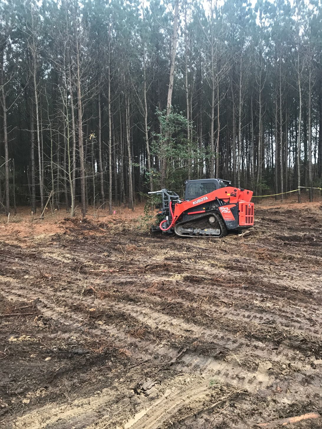A bulldozer is driving through a dirt field in the middle of a forest.