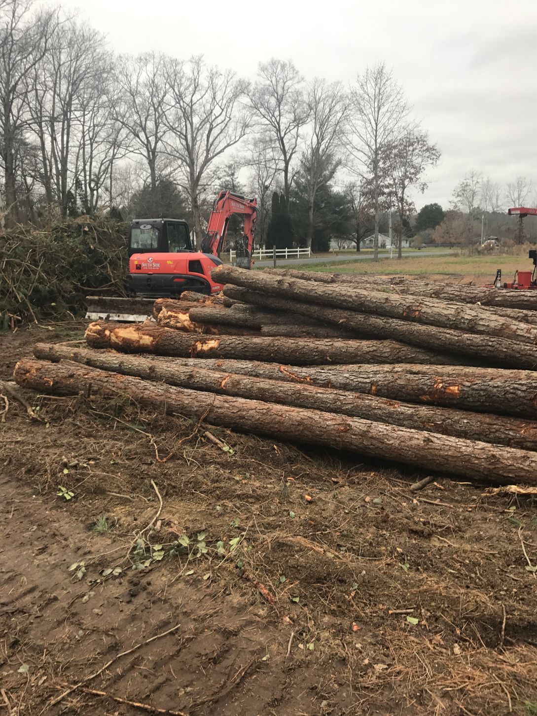 A pile of logs in a field with an excavator in the background.