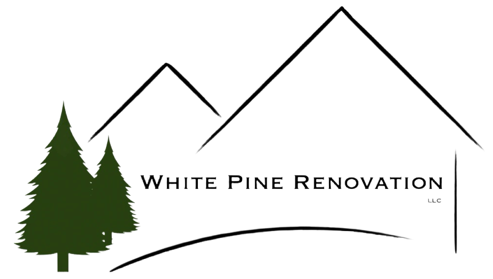 The logo for white pine renovation shows a house and two trees.