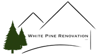 The logo for white pine renovation shows a house and two trees.