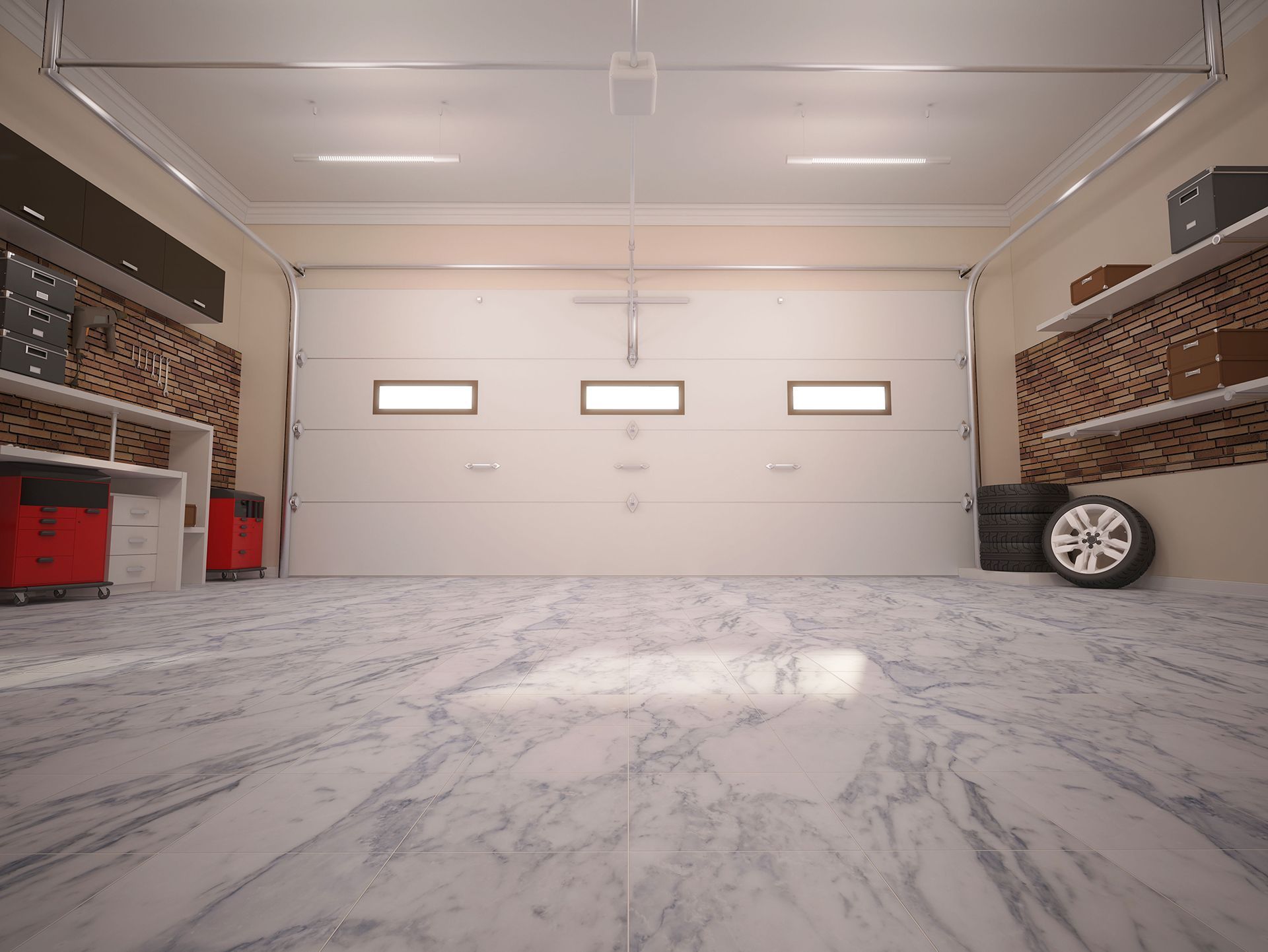 Brightly lit garage with marble-patterned floor, closed white garage door, and shelves with storage.