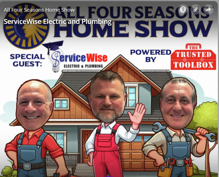 Promotional graphic for a home show featuring three cartoon service workers in front of a house.