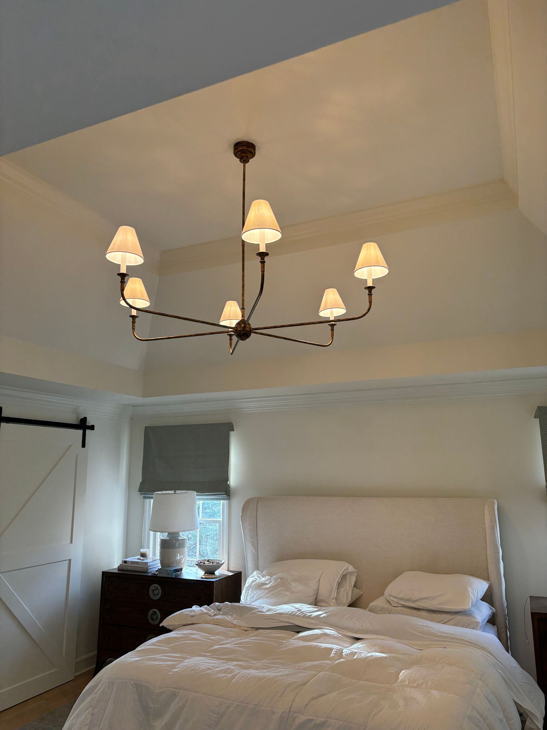 Bedroom with bed, nightstands, chandelier, and window with shade. Barn door on the left.