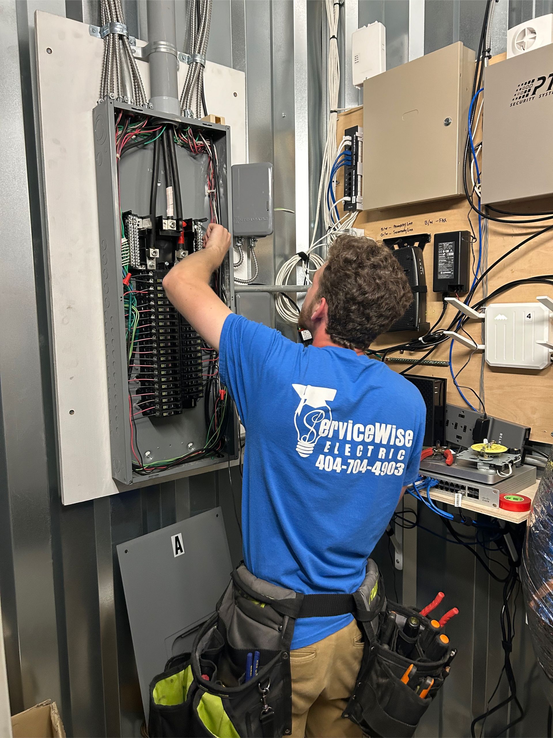Electrician wiring electrical panel, wearing tool belt. Blue shirt, tan pants, inside utility room.