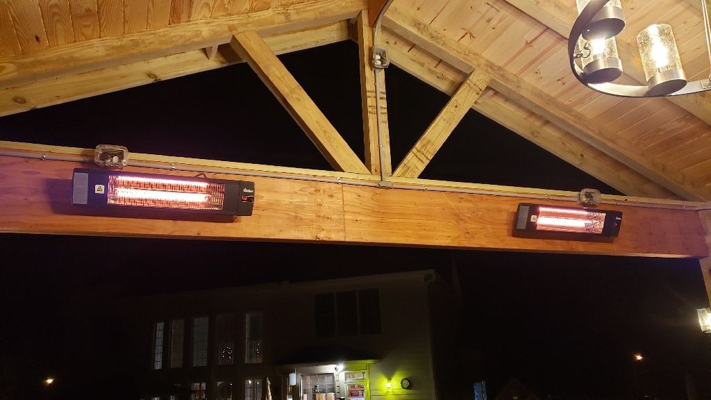 Two mounted patio heaters glowing red on a wooden beam, under a dark sky.