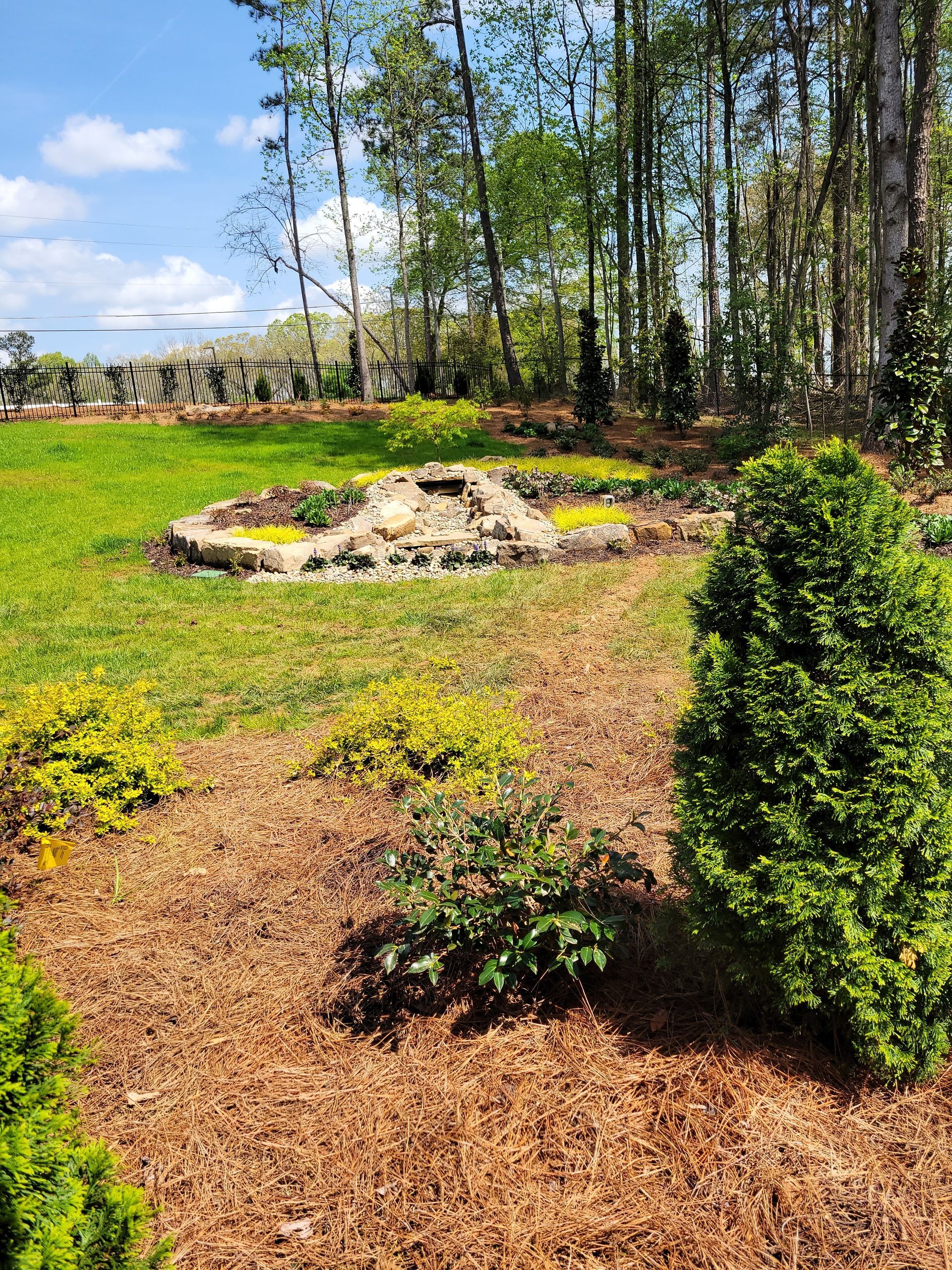 A landscaped yard with a rock fountain and various plants, surrounded by trees under a blue sky.