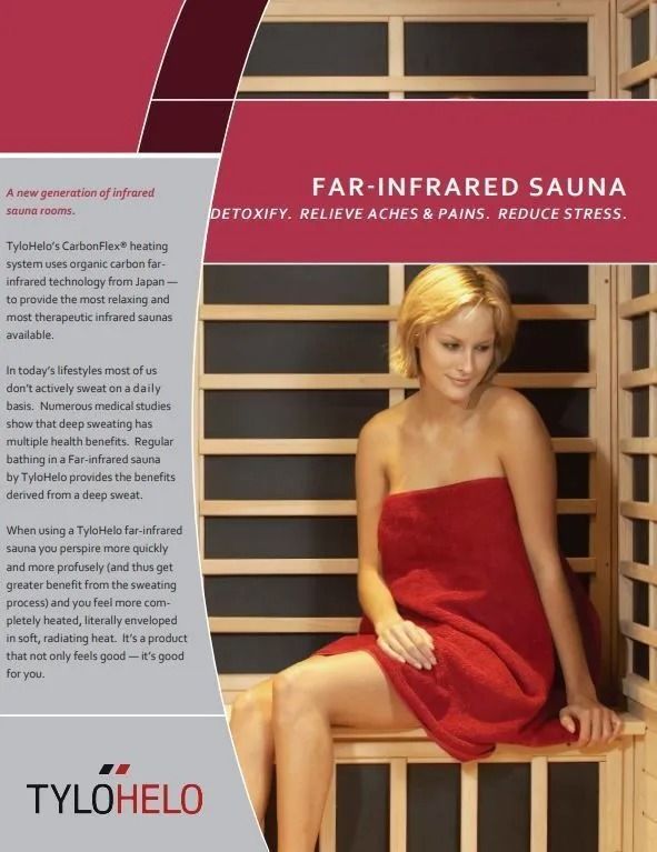 Woman wrapped in red towel inside a far-infrared sauna. Marketing image with text about health benefits.