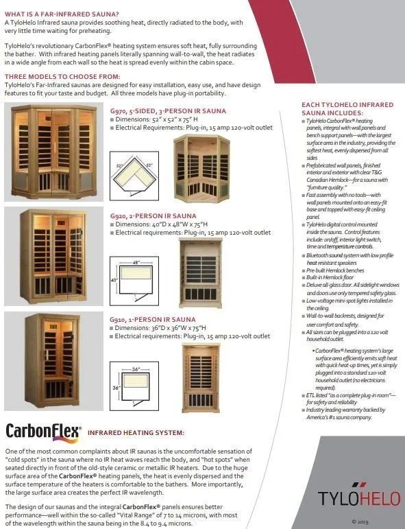 Page with infrared sauna models, features, and branding, with photos of different shapes.