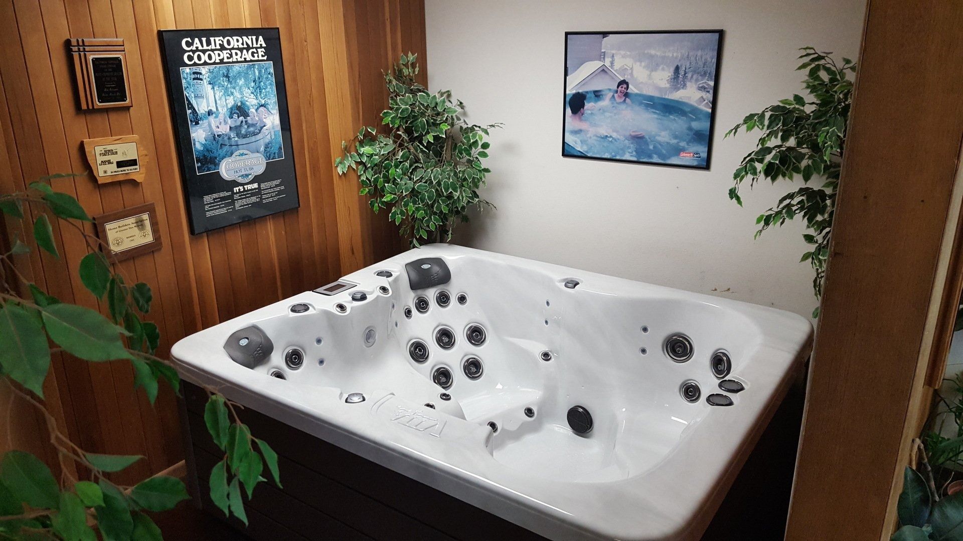 Hot tub displayed indoors with wood paneling, art, and artificial plants.