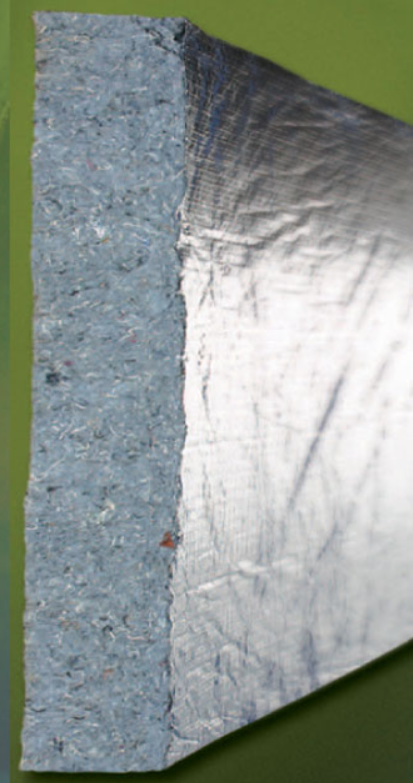 A cross-section of insulation: blue fibrous material with a reflective silver surface.