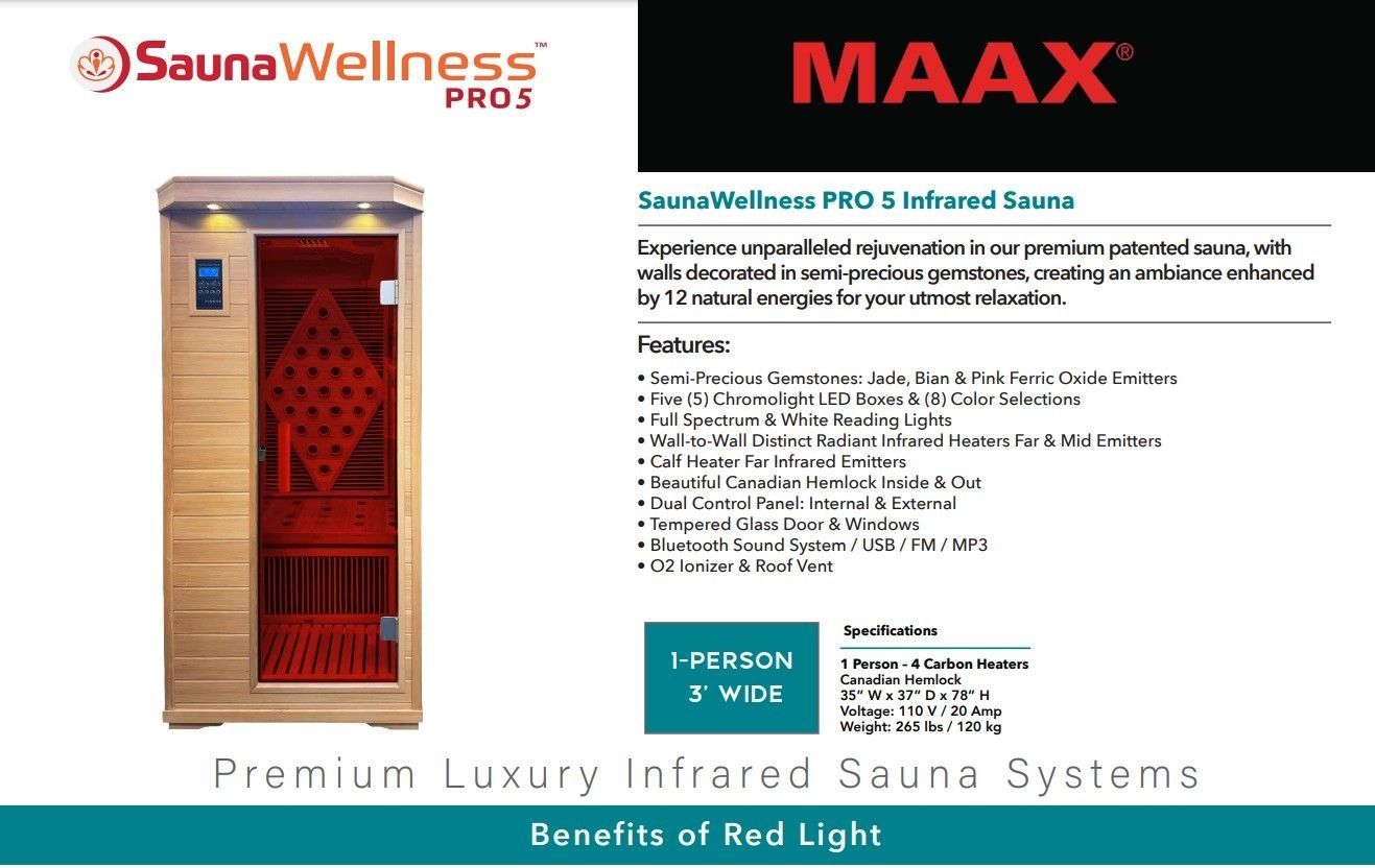 Infrared sauna with red light. Features brand logos