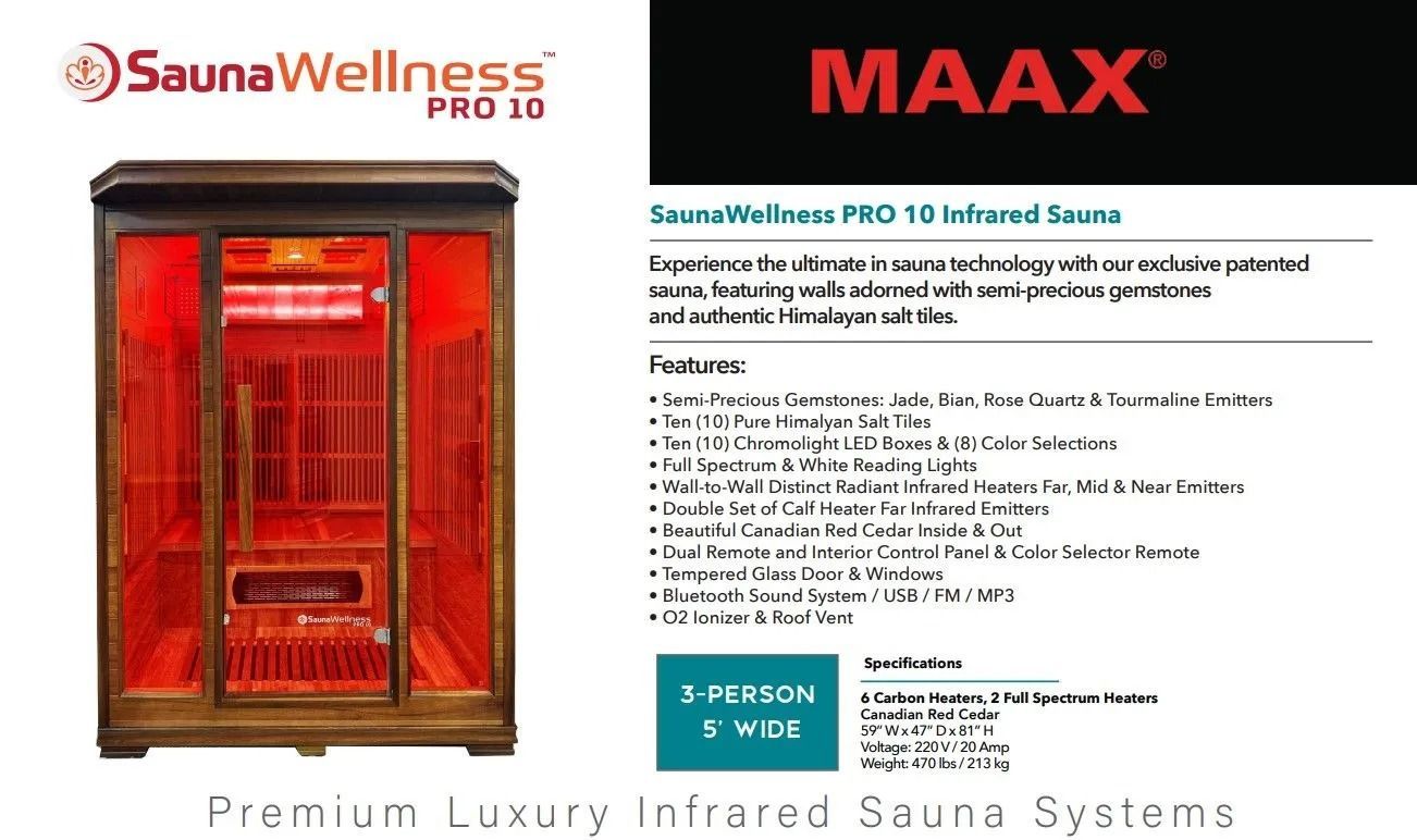 Sauna Wellness Pro 10 infrared sauna. 3-person, mahogany wood, red glow, features list.