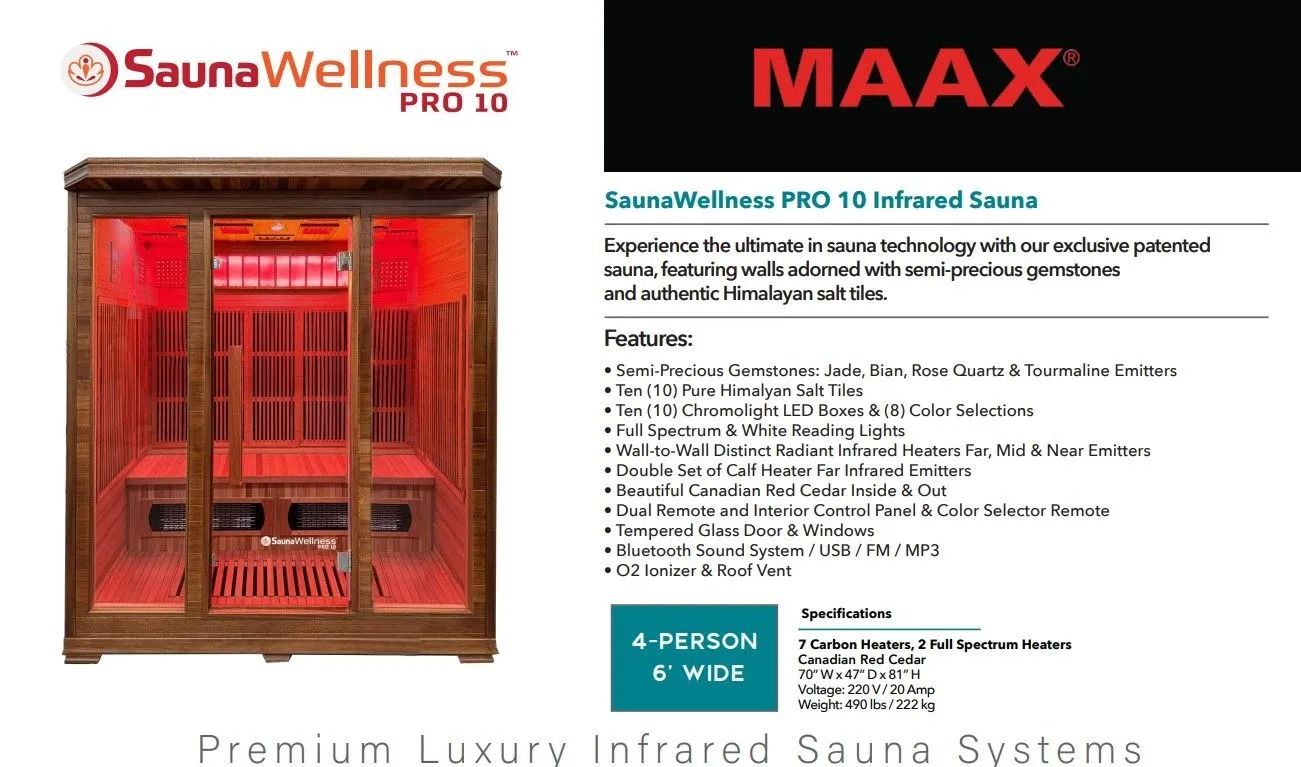 SaunaWellness PRO 10 infrared sauna. Brown wooden sauna with red infrared lights. MAAX logo and product details.