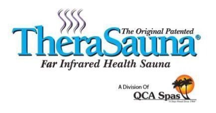 Logo for TheraSauna: blue text with steam graphic, 