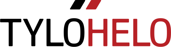 Logo for TyloHelo, text in black and red with abstract design above.