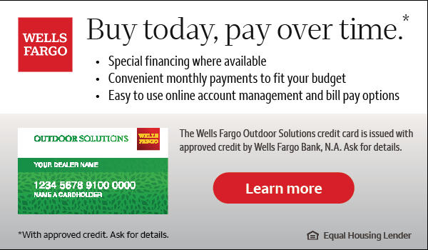 Wells Fargo ad for outdoor living financing, with red Learn more button and loan details on green card.