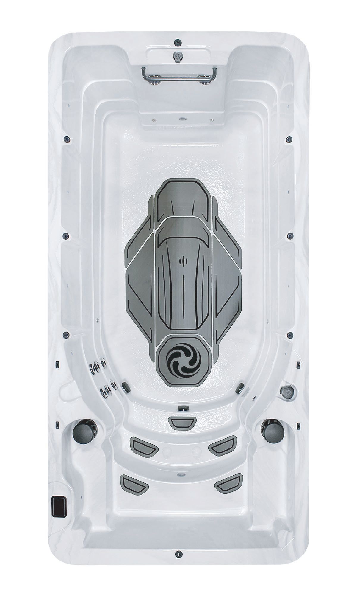 Top-down view of a white bathtub with built-in jets and a central gray spa seat.