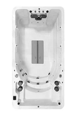 Overhead view of a white swim spa with jets, steps, and a central cover.