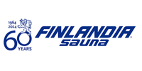 Logo for Finlandia Sauna. Blue text on a white background. It includes a lion emblem and text marking 60 years.