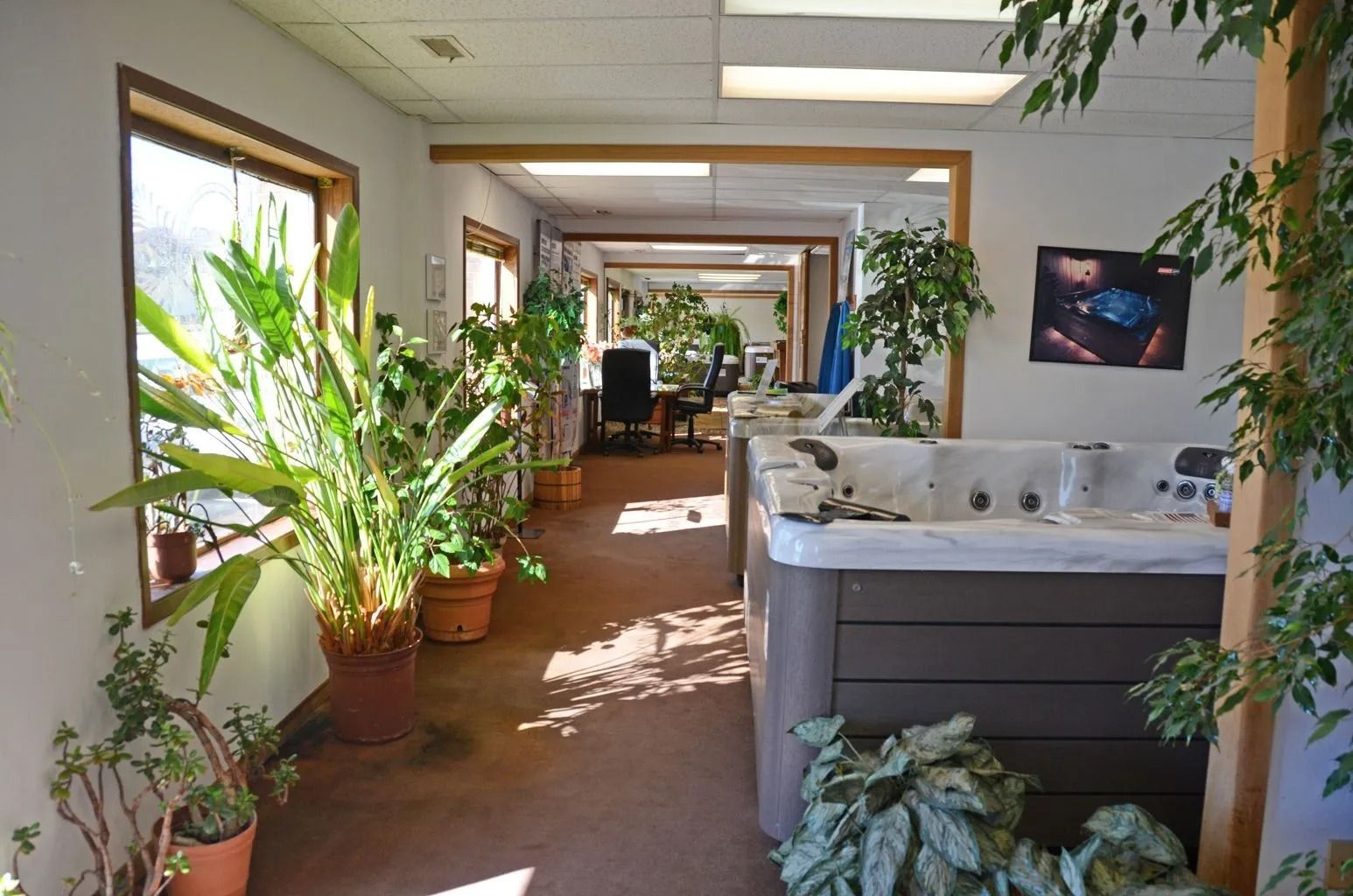 Indoor showroom with plants, a hot tub, and view of a back office area.