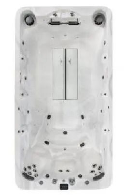 Top-down view of a rectangular white hot tub with multiple jets and seating areas.
