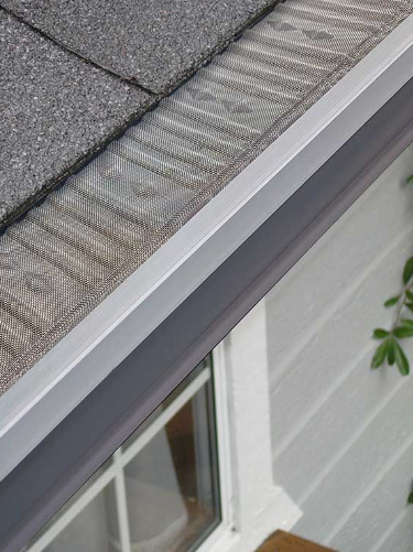 Gray roof with gutter guard installed on a house's gutter.