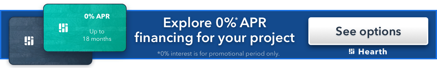 Blue and teal banner ad for 0% APR financing with a white 'See options' button and a Search logo