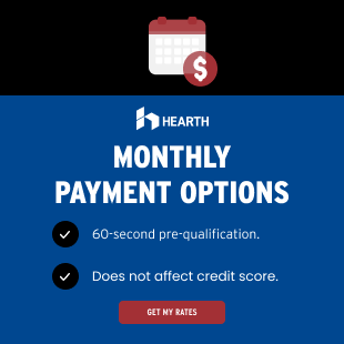 Hearth monthly payment options ad with calendar icon, 60-second pre-qualification, and no credit score impact.