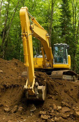 A backhoe excavating and lifting dirt.
