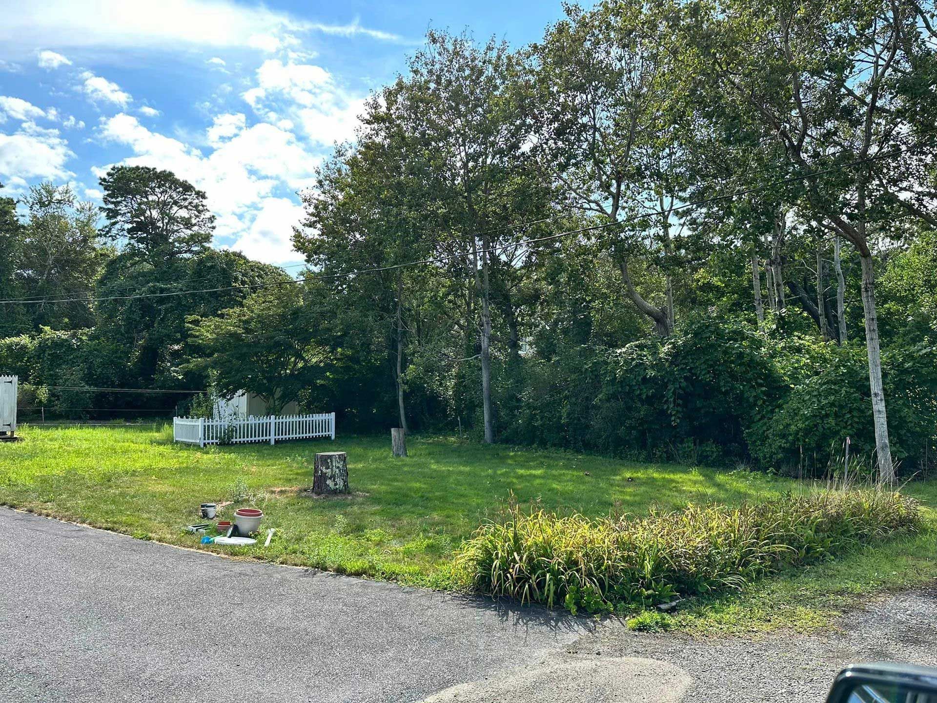 Grassy park with trees, small white benches, and a paved path under a partly cloudy sky