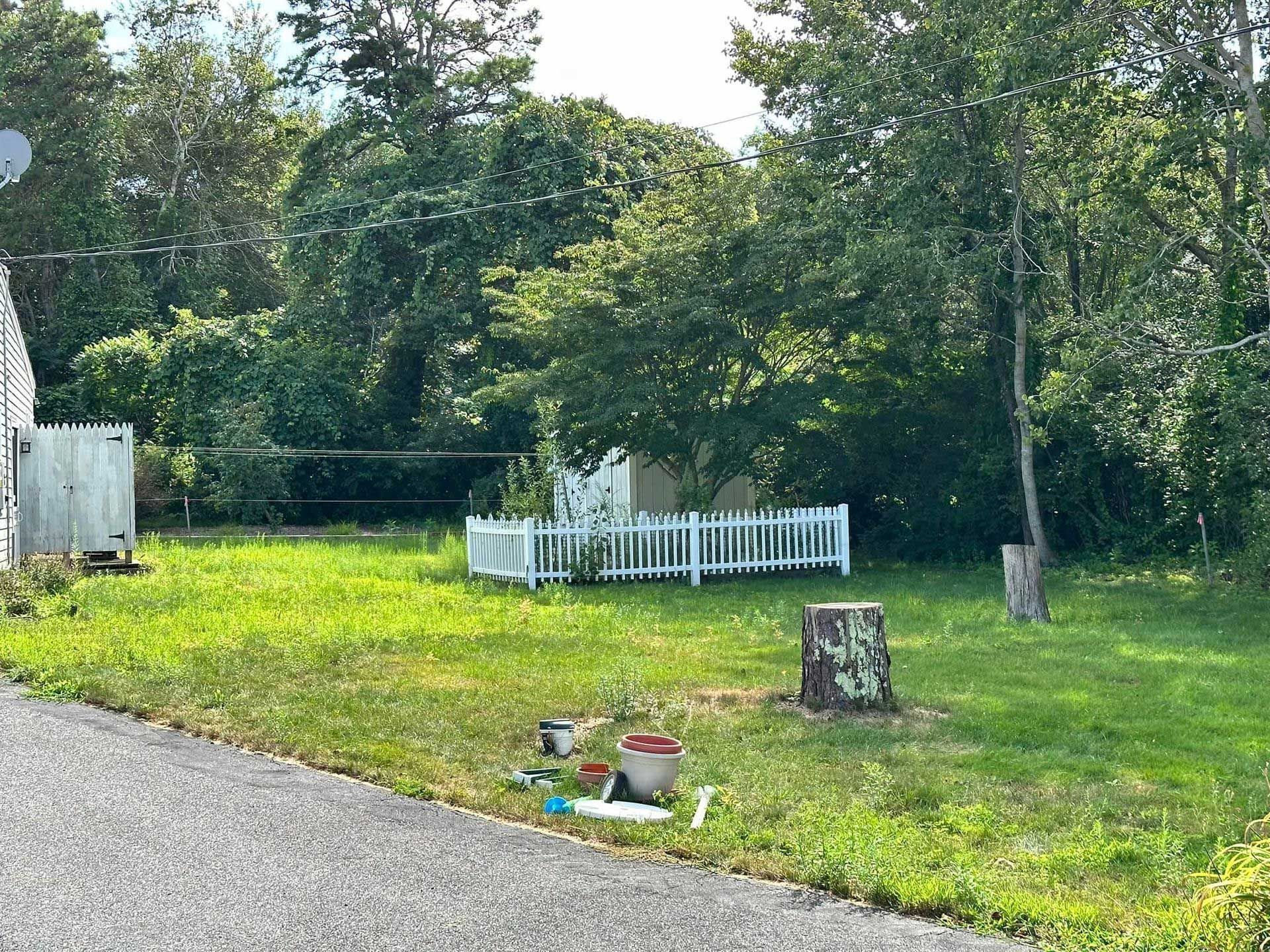 Grassy backyard with white fence, tree stumps, and small items on the lawn beside a paved driveway.