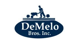 DeMelo Bros. Inc. logo with blue oval and silhouette of a person using a push mower.