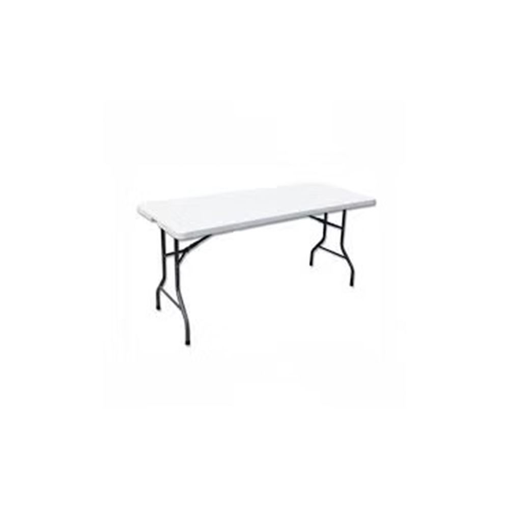A white folding table with black legs on a white background.