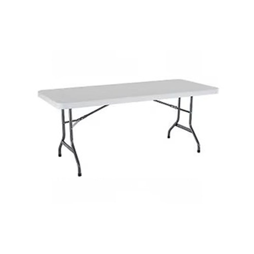 A white folding table with black legs on a white background.