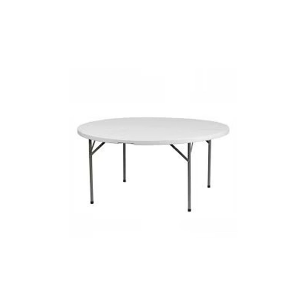 A white round folding table with metal legs on a white background.
