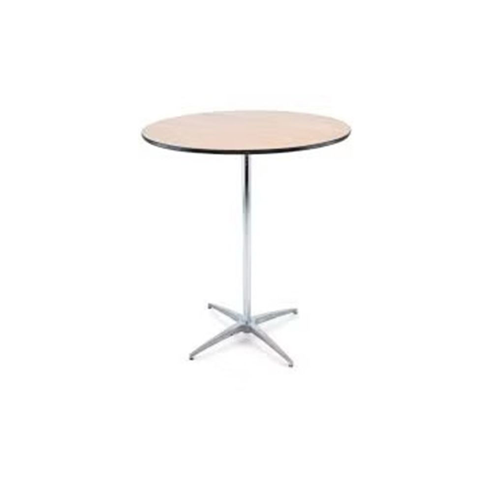 A round table with a wooden top and a metal base on a white background.