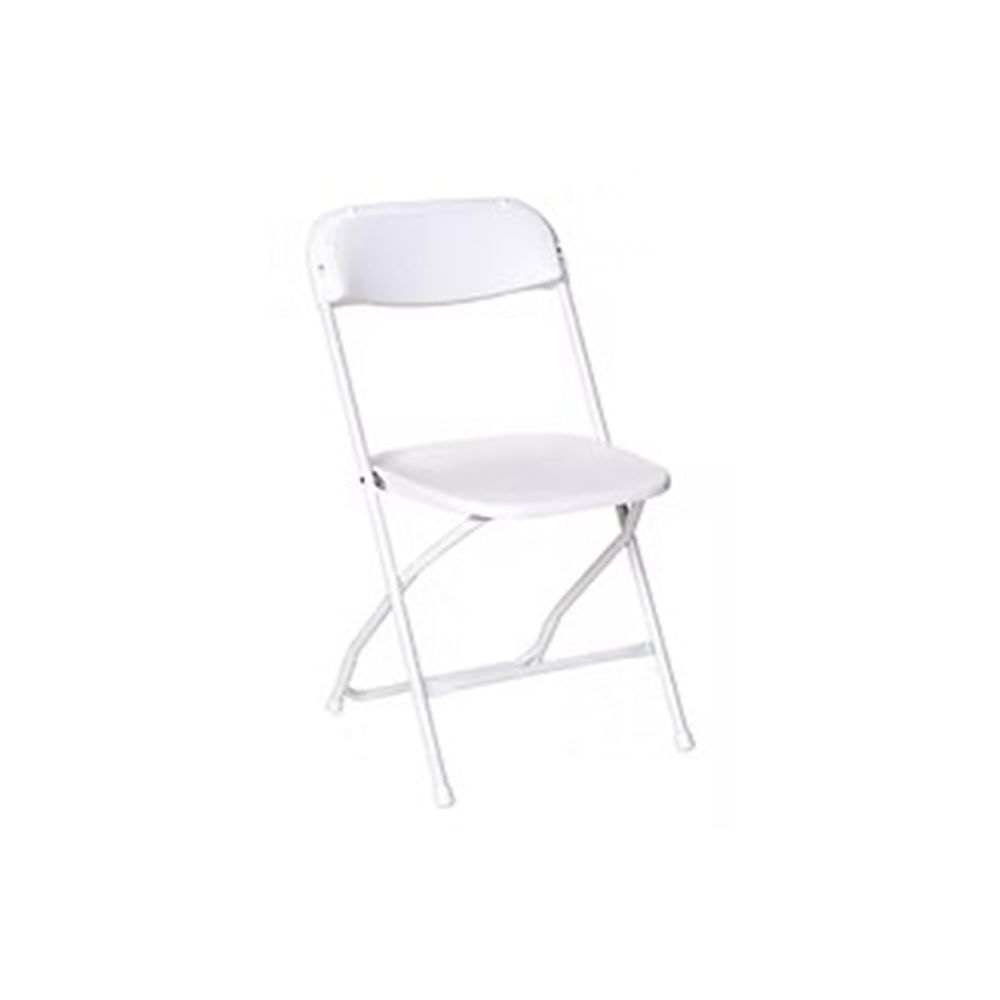 A white folding chair with a white seat and back on a white background.