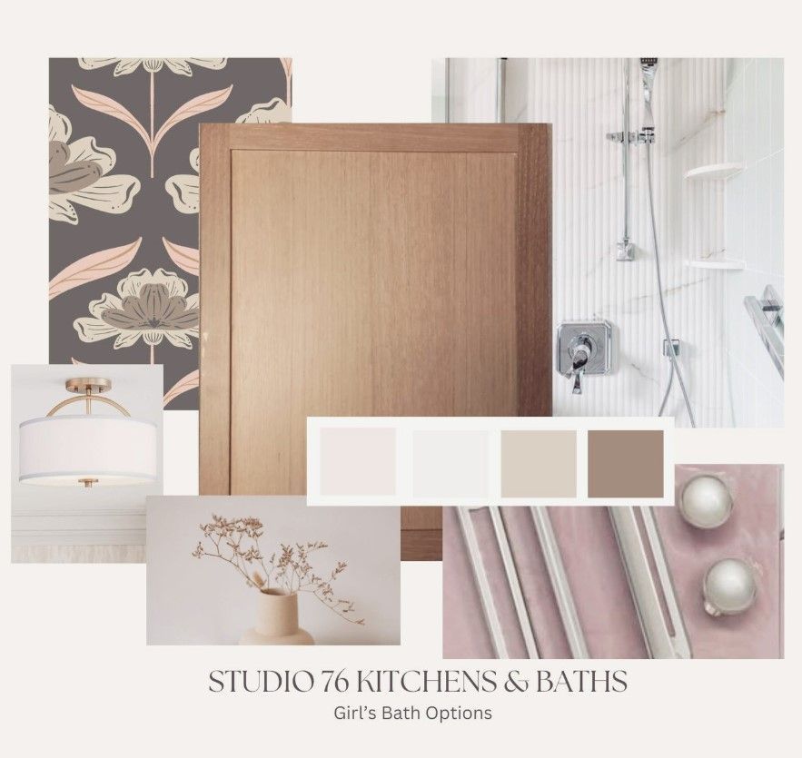 A design board that presents various options for girls' bathrooms.