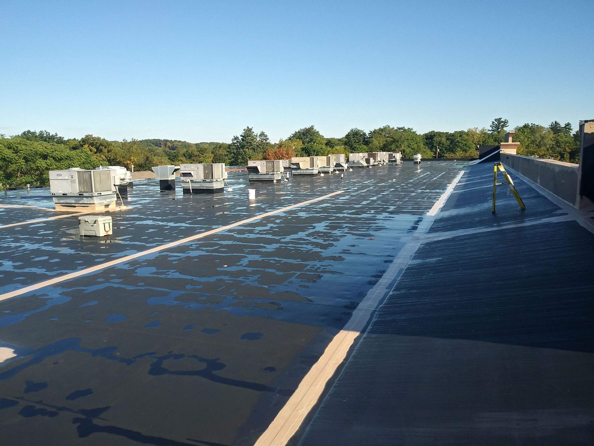 Flat, dark rooftop with HVAC units, trees in the background, and clear blue sky.