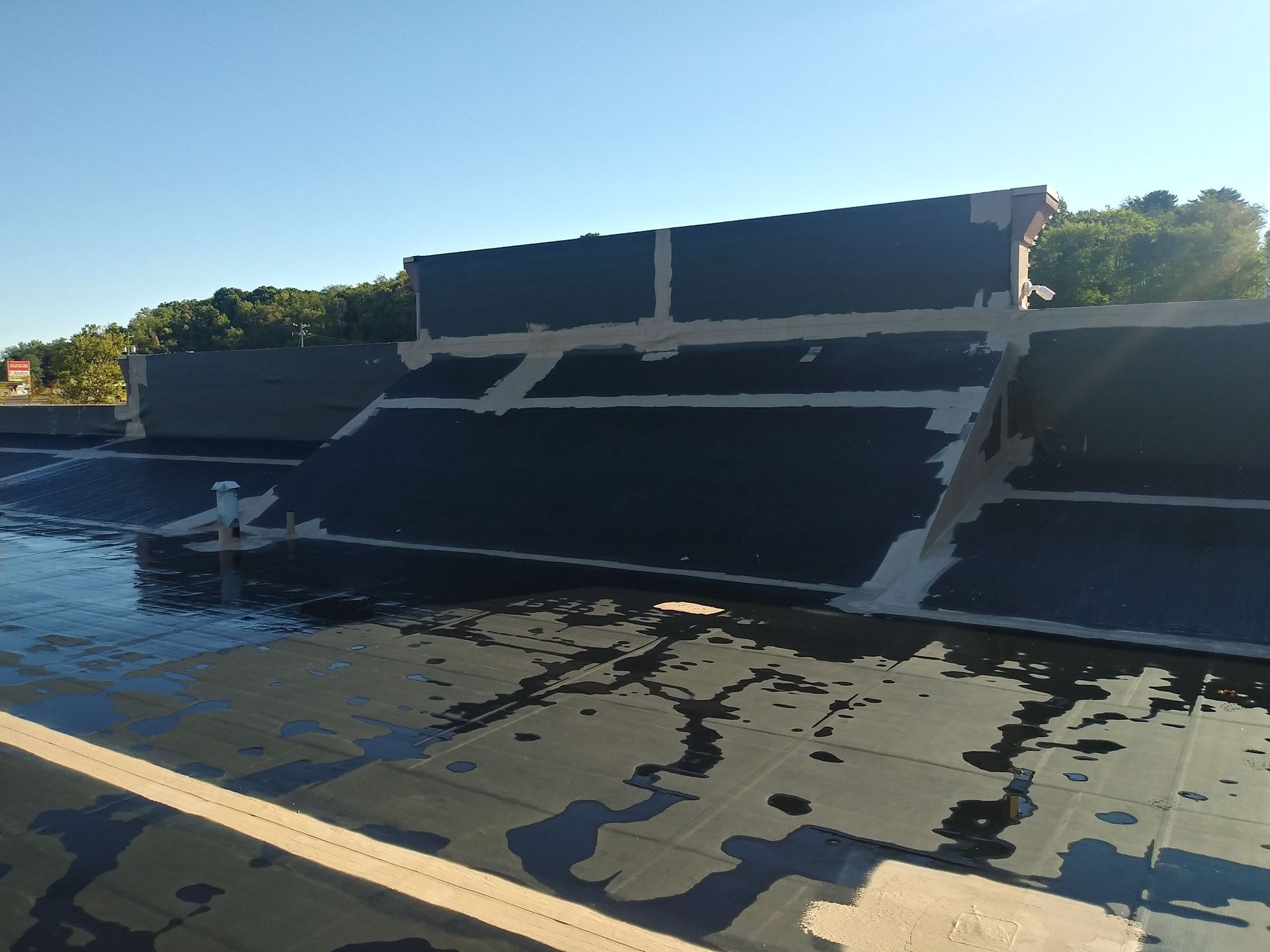 Flat commercial roof with standing water. Black roofing material, white trim, and blue sky.