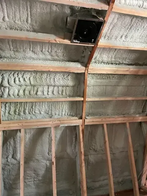 Interior view of a building's unfinished ceiling and walls, insulated with sprayed foam.
