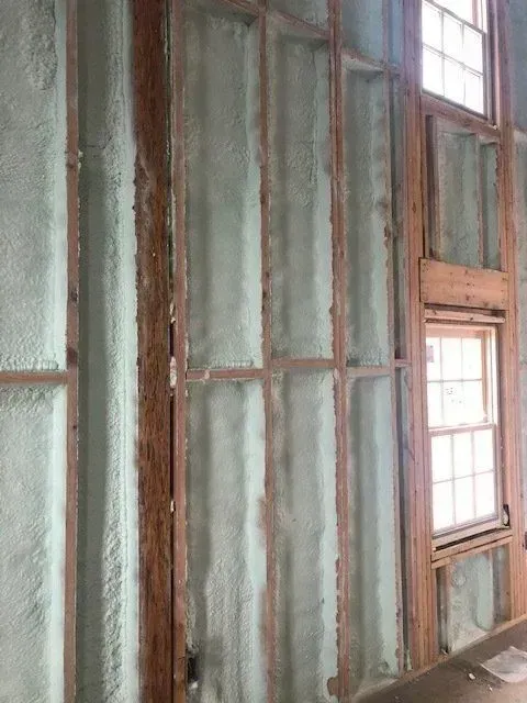 Interior wall framing with green spray foam insulation. Two windows are visible.