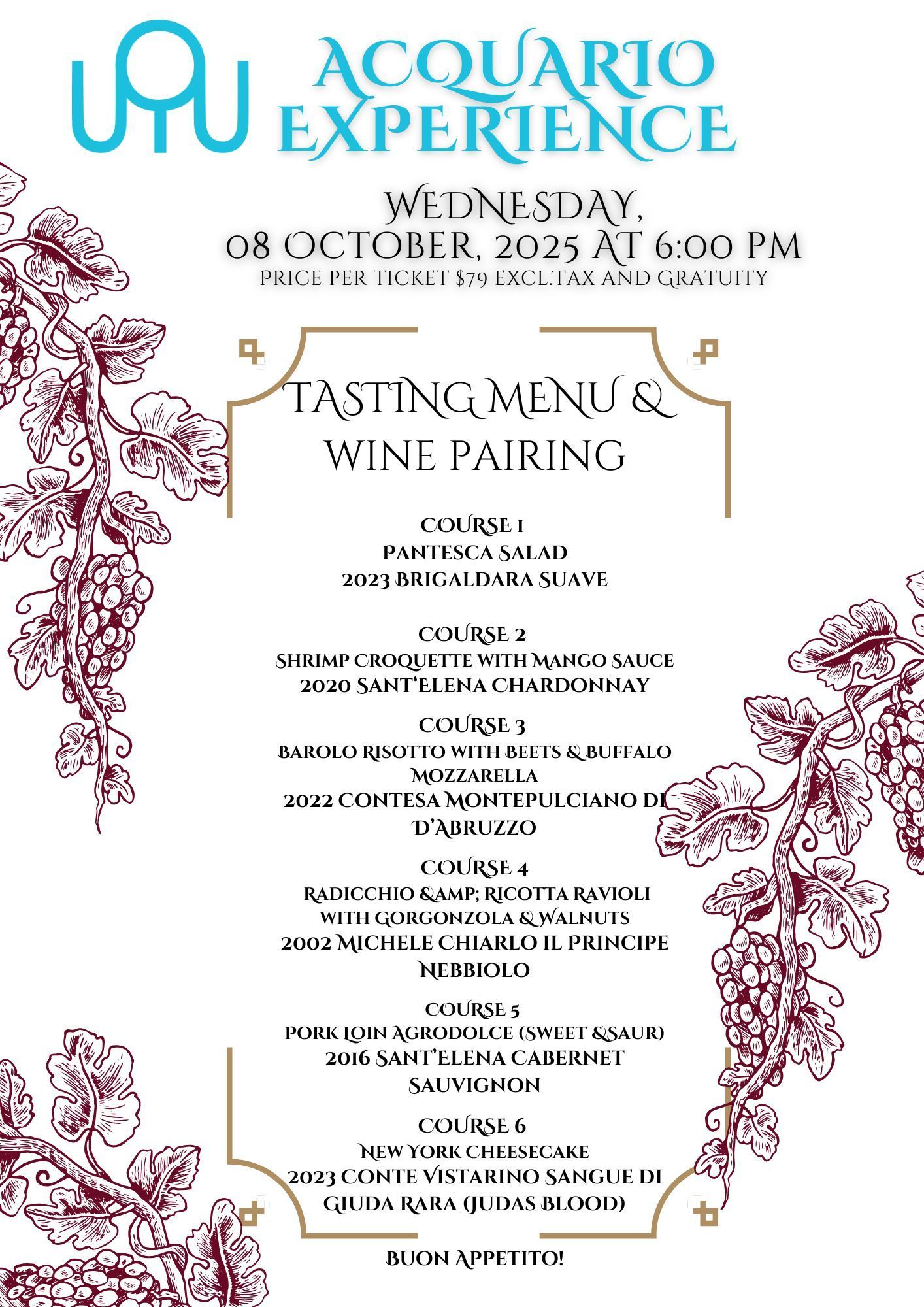 Menu for Acquario Experience with wine pairings, October 8, 2025, featuring food courses and wines`