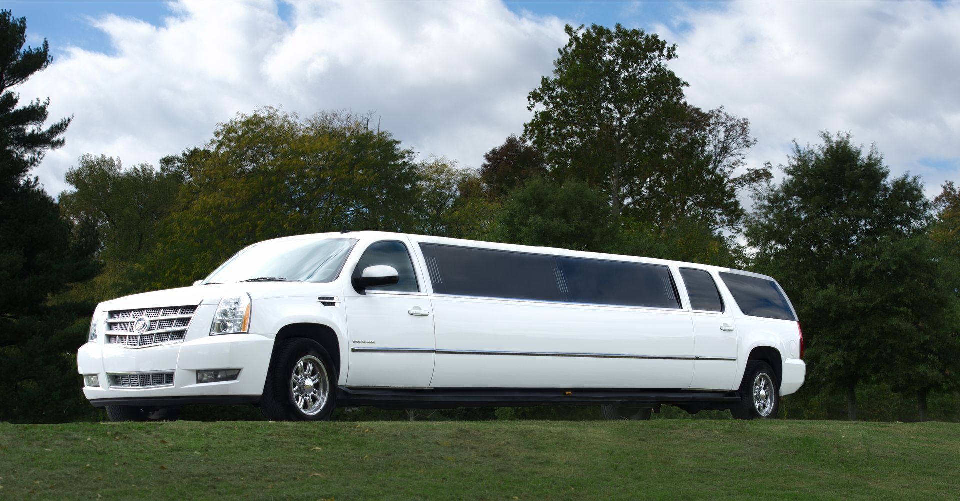 White stretch SUV limousine parked on grass with trees and cloudy sky in the background