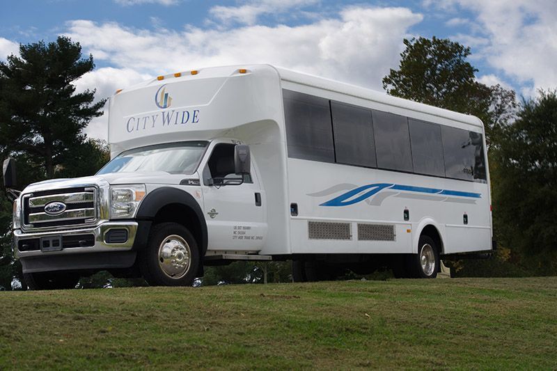 White coach bus on a grassy hill under a cloudy sky, with blue wave graphics and tinted windows