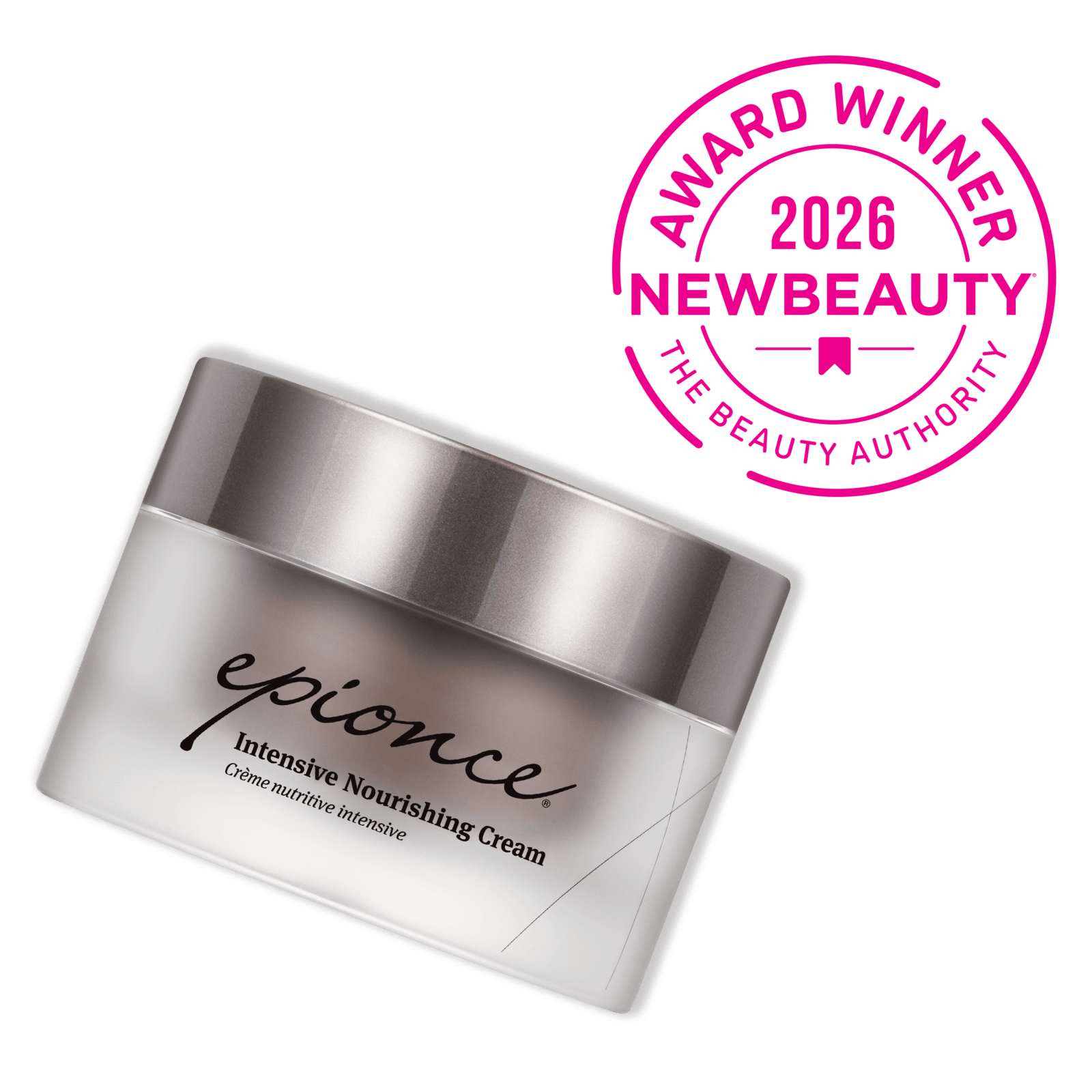Silver skincare cream jar with pink 2026 NewBeauty Award Winner seal